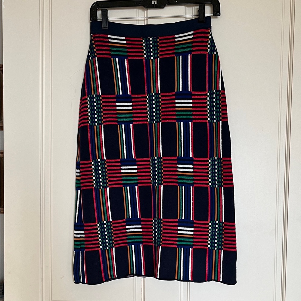 Tory Burch Navy and Red Plaid A-Line Skirt